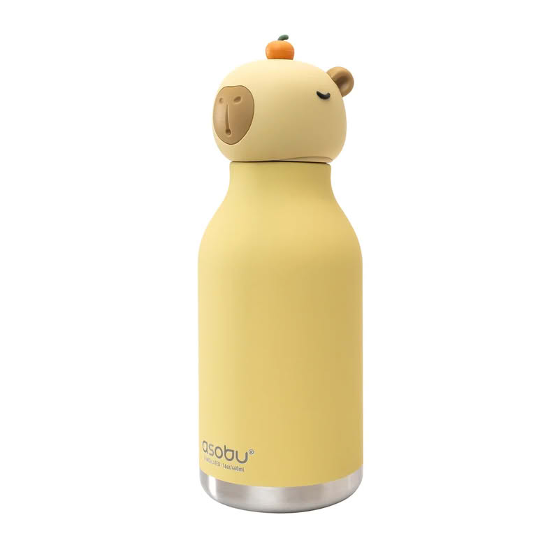 Borraccia termica a forma di capybara con cannuccia removibile e scovolino incluso, finitura soft touch, capacità 470 ml