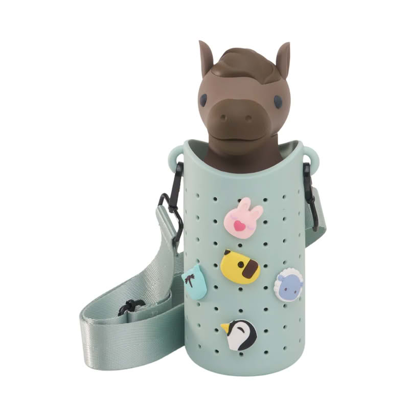 Borraccia termica a forma di cavallo con cannuccia removibile e scovolino incluso, finitura soft touch, capacità 470 ml