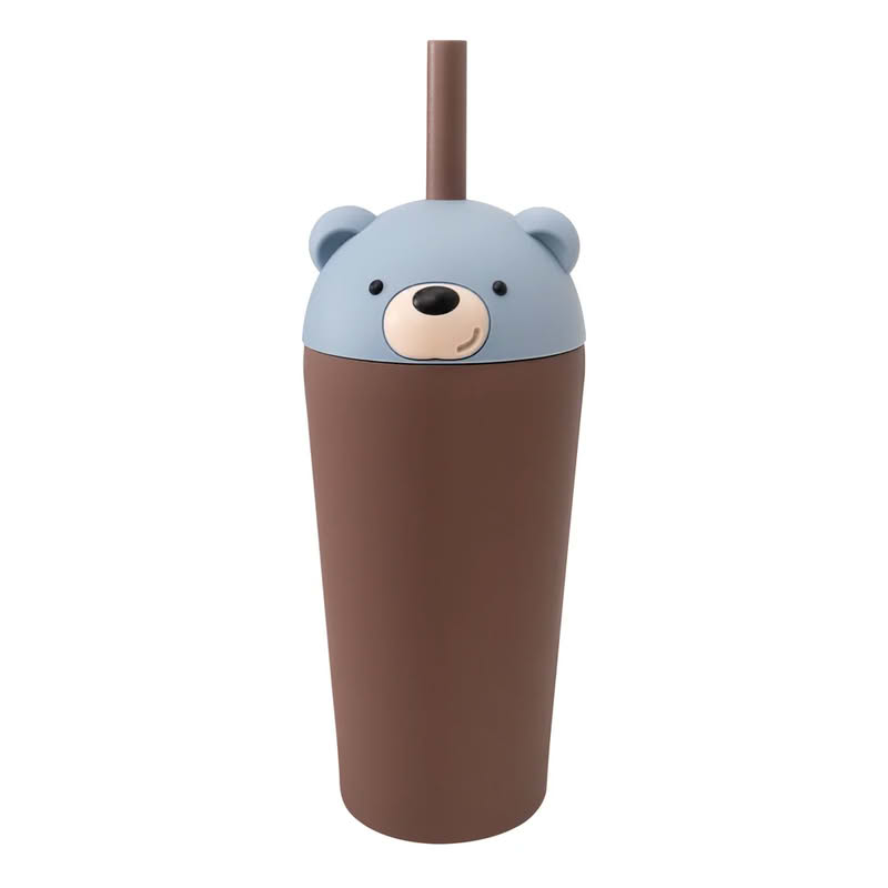 Bicchiere termico in acciaio a forma di orso blu e marrone con cannuccia removibile, finitura soft touch, capacità 470 ml