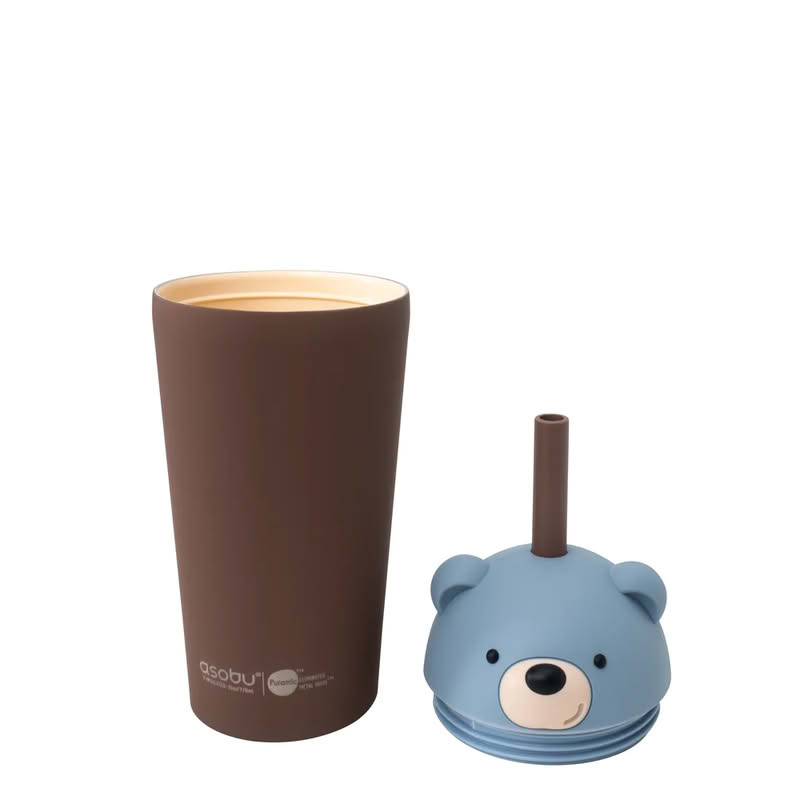 Bicchiere termico in acciaio a forma di orso blu e marrone con cannuccia removibile, finitura soft touch, capacità 470 ml
