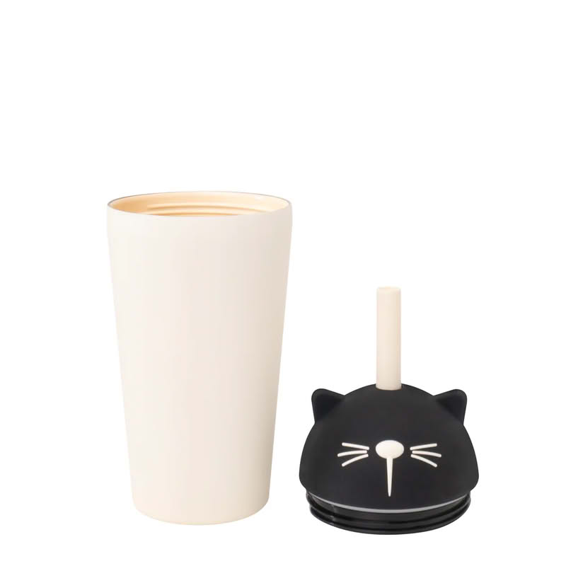 Bicchiere termico in acciaio a forma di gatto bianco e nero con cannuccia removibile, finitura soft touch, capacità 470 ml