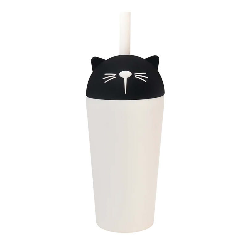 Bicchiere termico in acciaio a forma di gatto bianco e nero con cannuccia removibile, finitura soft touch, capacità 470 ml