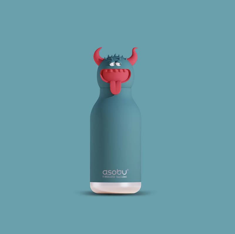 Borraccia termica in acciaio a forma di mostro con cannuccia removibile e scovolino incluso, finitura soft touch, capacità 470 ml