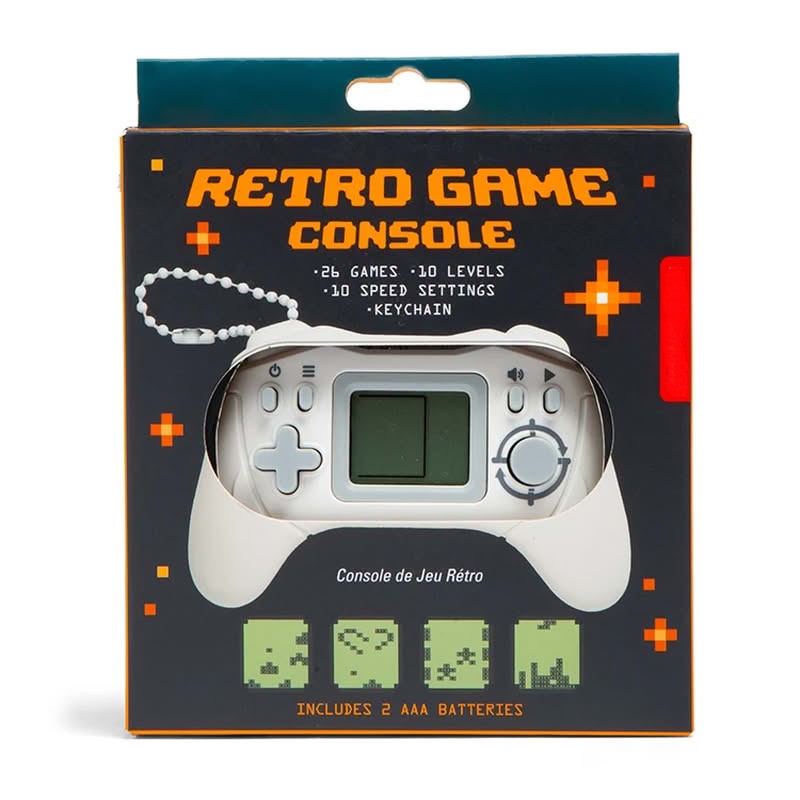 Console con 26 giochi retrò a forma di joystick, utilizzabile anche come portachiavi, funzionamento con 2 pile AAA incluse