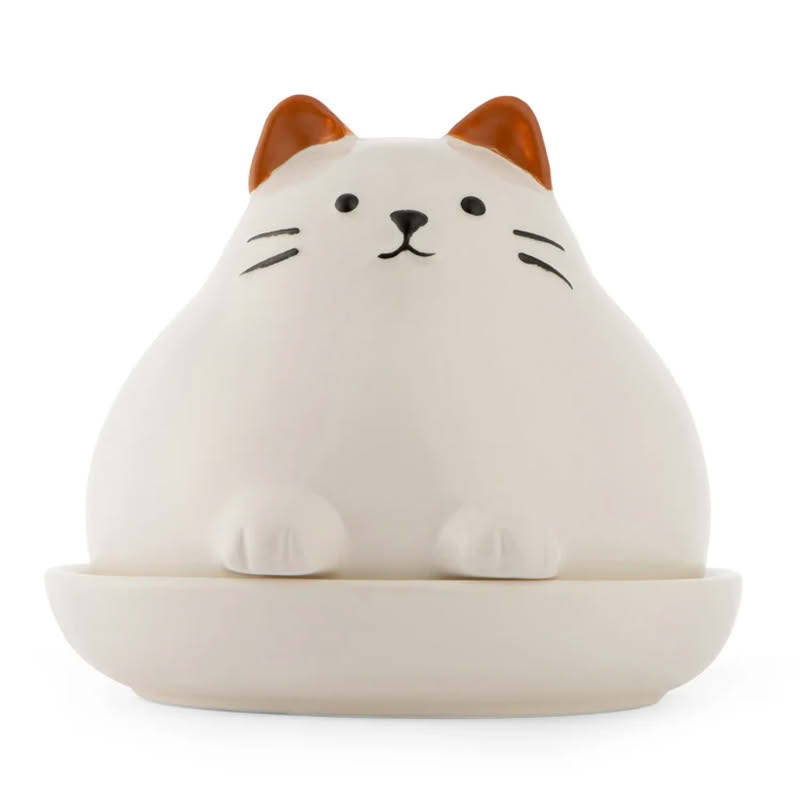 Porta burro in ceramica a forma di gatto paffuto bianco con orecchie e coda marroni