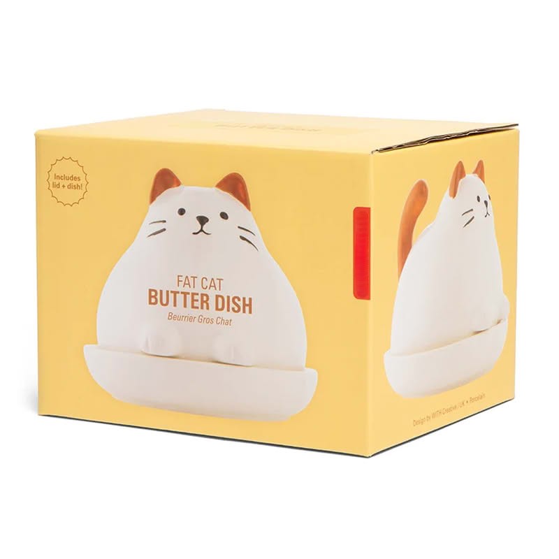 Porta burro in ceramica a forma di gatto paffuto bianco con orecchie e coda marroni