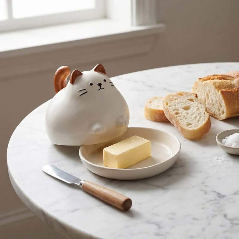 Porta burro in ceramica a forma di gatto paffuto bianco con orecchie e coda marroni