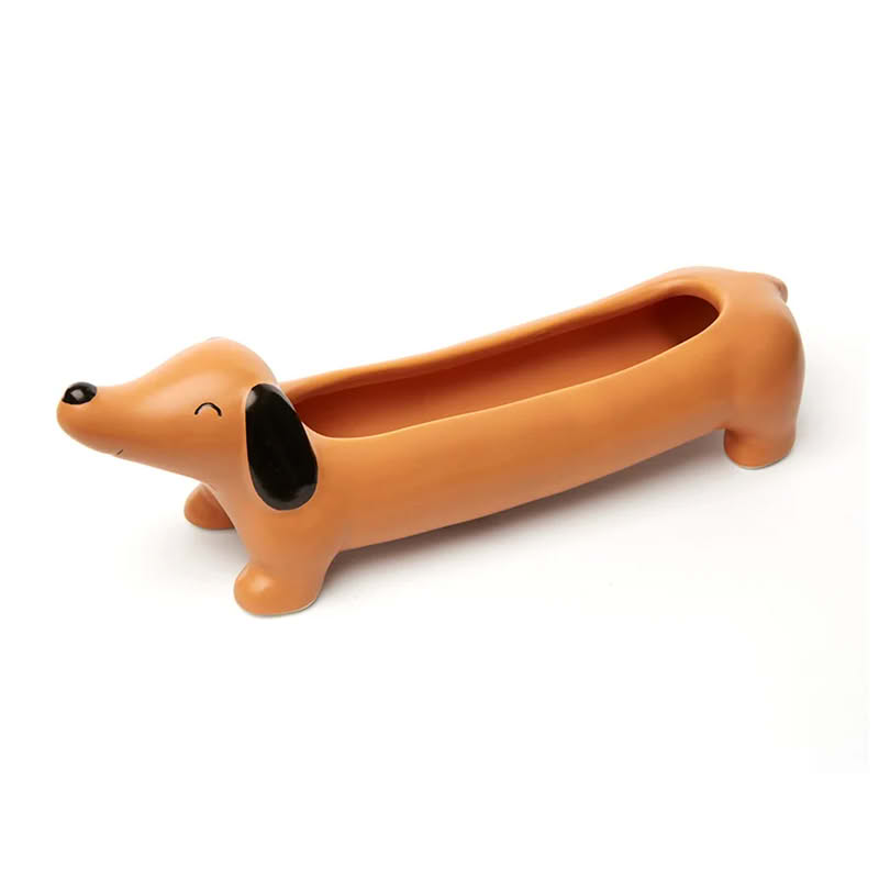 Fioriera a forma di bassotto marrone in ceramica