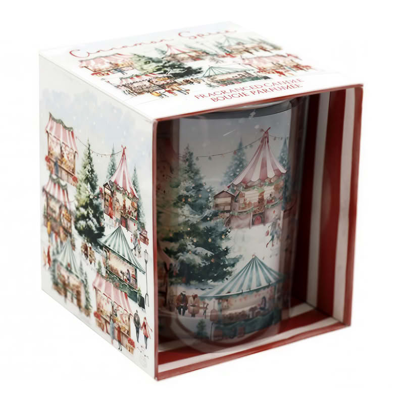 Candela profumata di Natale in bicchiere di vetro decorato con paesaggio invernale, ideale come pensierino di Natale