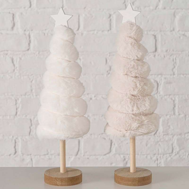 Albero di Natale in pelo bianco o beige con base in legno, alto 30.5 cm