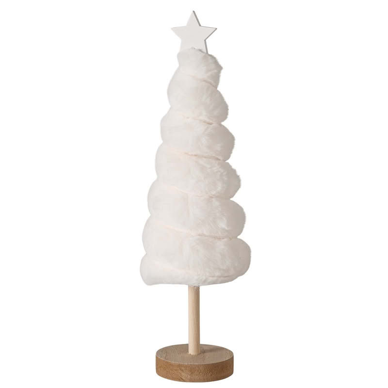 Albero di Natale in pelo bianco o beige con base in legno, alto 30.5 cm