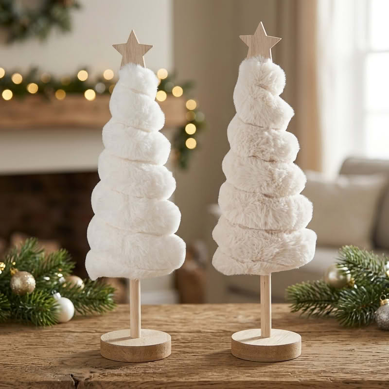 Albero di Natale in pelo bianco o beige con base in legno, alto 30.5 cm