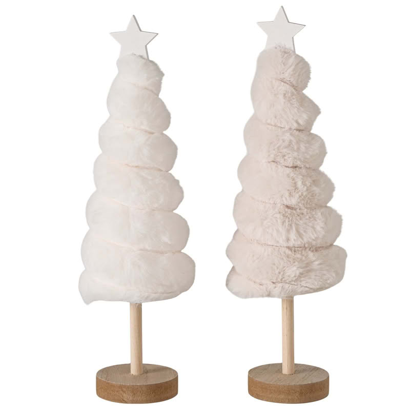 Albero di Natale in pelo bianco o beige con base in legno, alto 30.5 cm