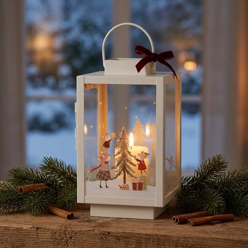 Lanterna di Natale bianca decorata con topini e albero, perfetta per candele o luci natalizie