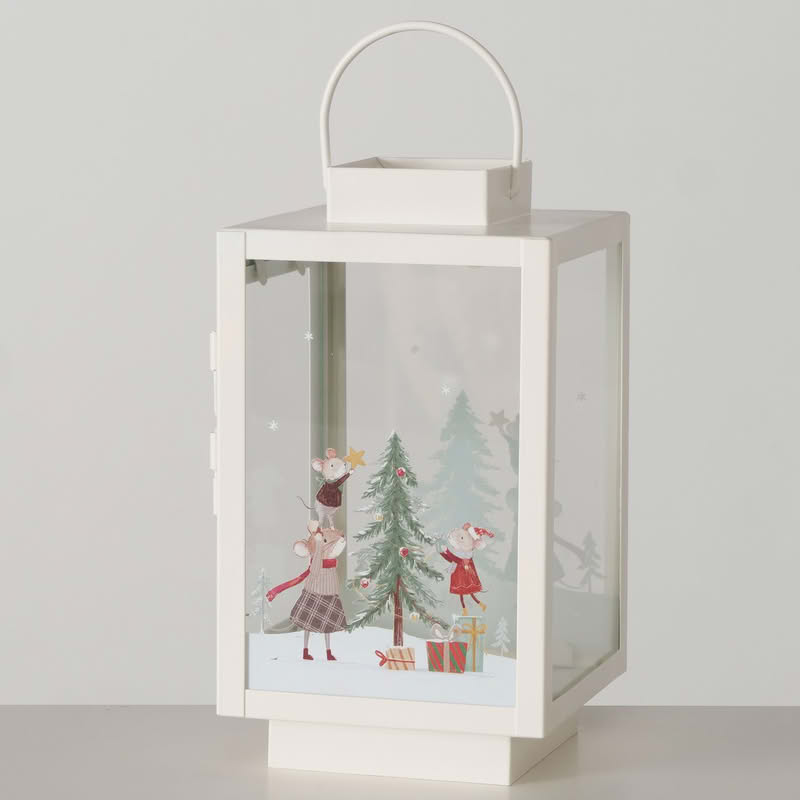 Lanterna di Natale bianca decorata con topini e albero, perfetta per candele o luci natalizie