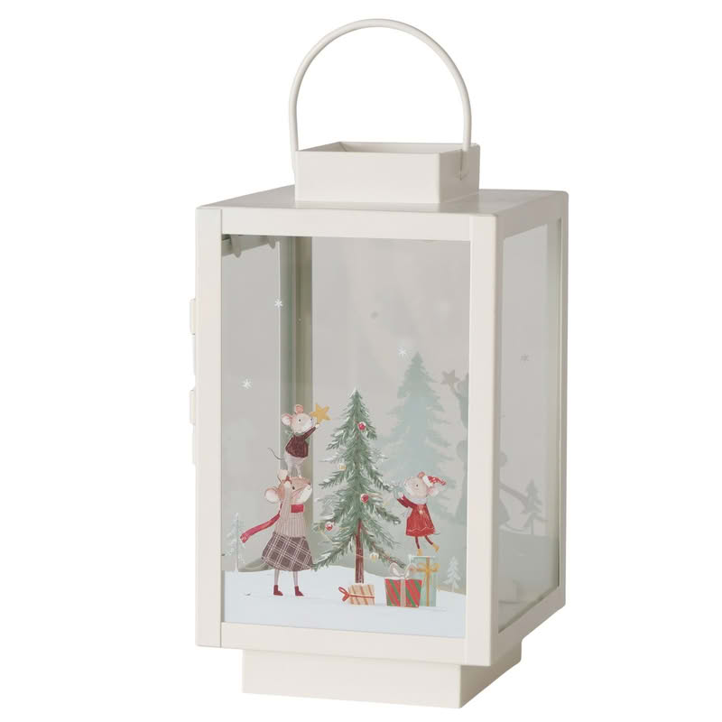 Lanterna di Natale bianca decorata con topini e albero, perfetta per candele o luci natalizie