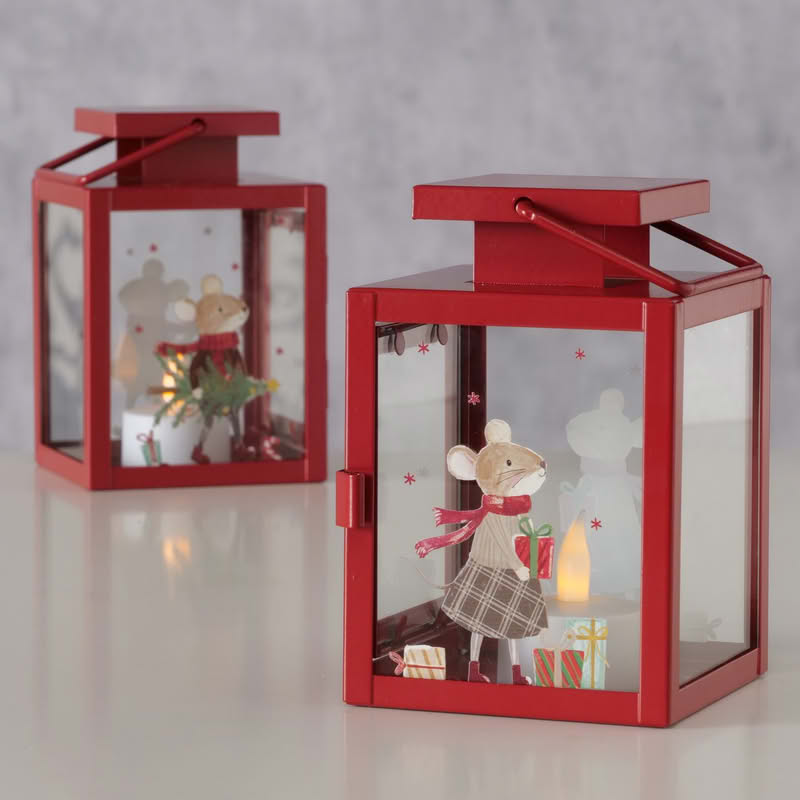 Lanterna di Natale rossa decorata con topini in 2 varianti assortite, perfetta per candele o luci natalizie