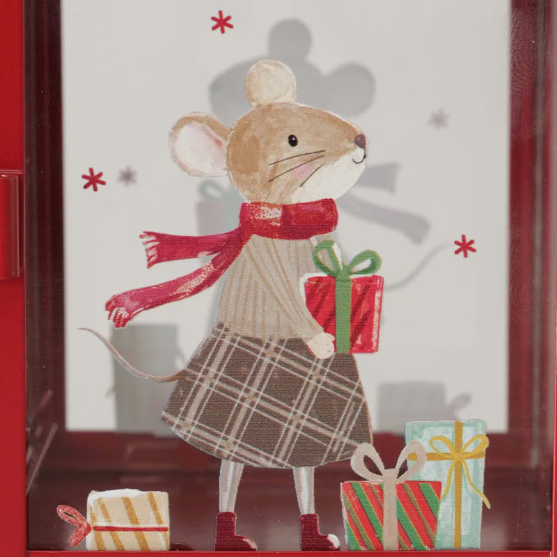 Lanterna di Natale rossa decorata con topini in 2 varianti assortite, perfetta per candele o luci natalizie