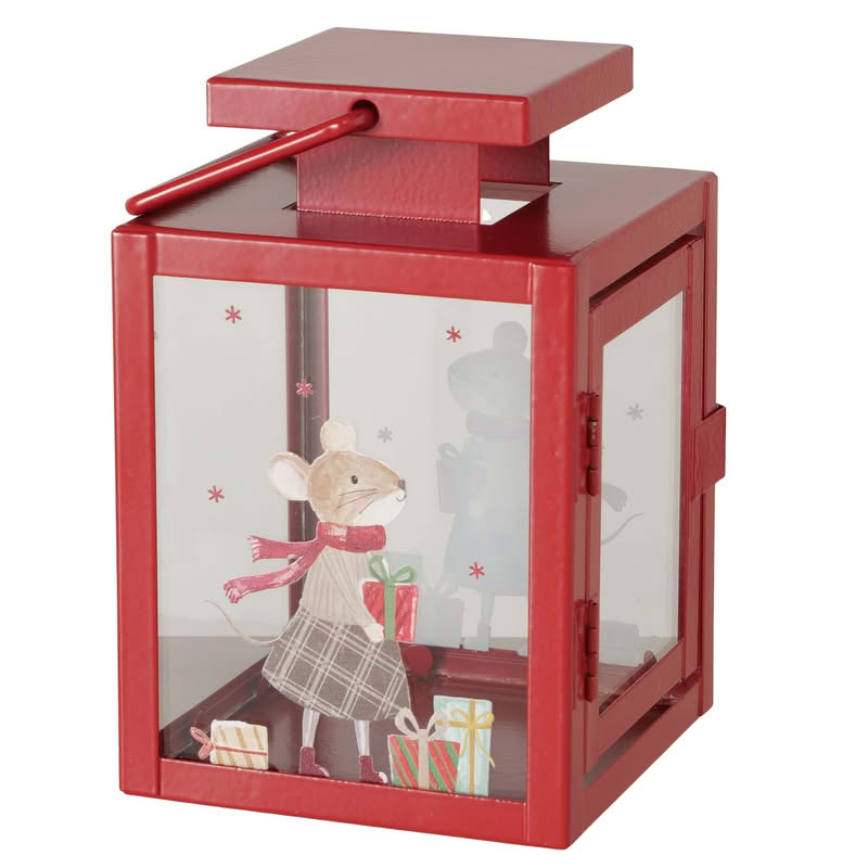 Lanterna di Natale rossa decorata con topini in 2 varianti assortite, perfetta per candele o luci natalizie