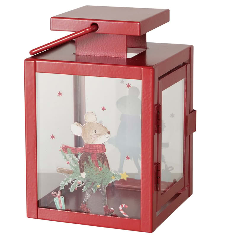 Lanterna di Natale rossa decorata con topini in 2 varianti assortite, perfetta per candele o luci natalizie