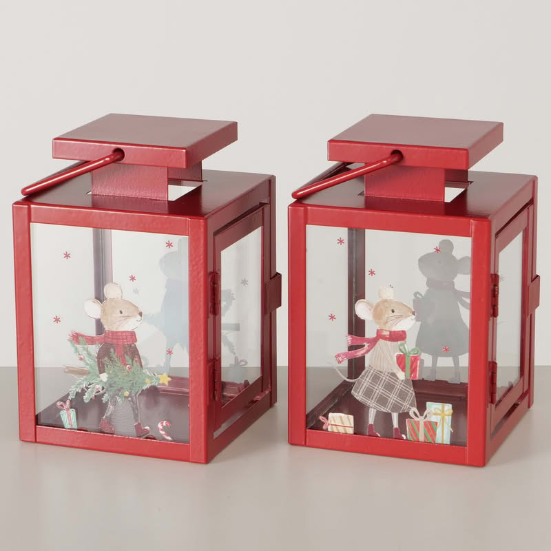 Lanterna di Natale rossa decorata con topini in 2 varianti assortite, perfetta per candele o luci natalizie
