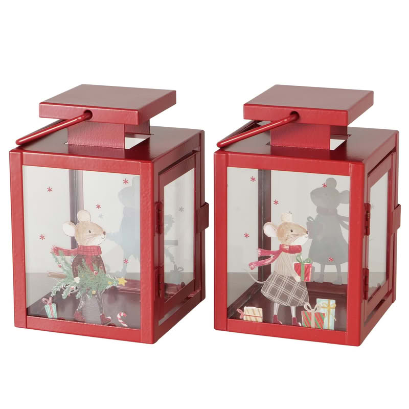 Lanterna di Natale rossa decorata con topini in 2 varianti assortite, perfetta per candele o luci natalizie