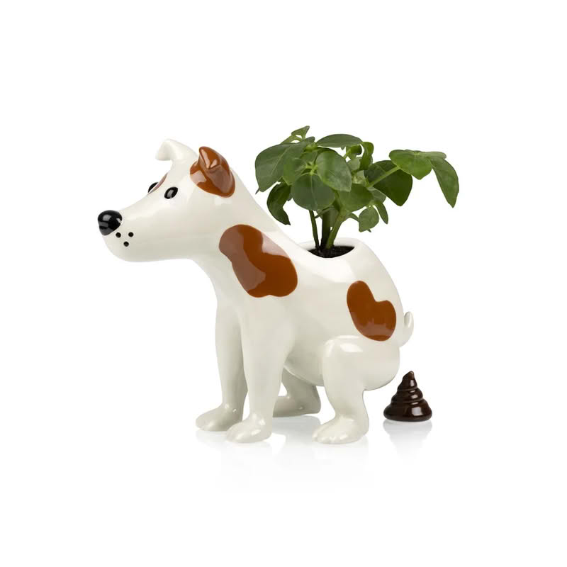 Vaso a forma di cane che fa la cacca realizzato in ceramica