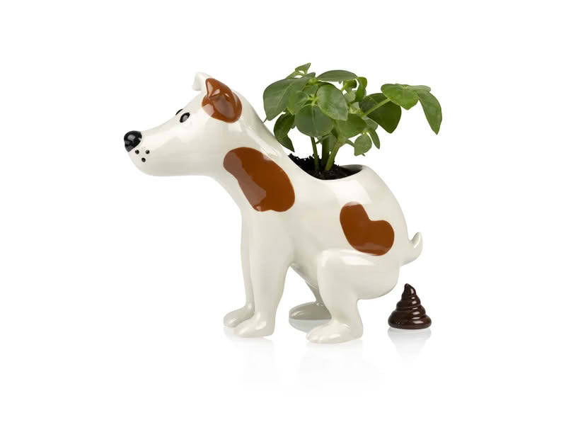 Vaso a forma di cane che fa la cacca realizzato in ceramica