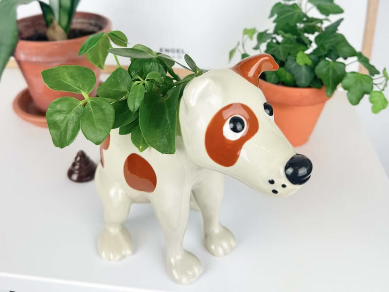 Vaso a forma di cane che fa la cacca realizzato in ceramica