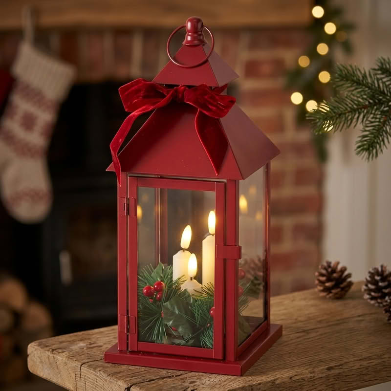Lanterna di Natale rossa con 3 candele led, agrifoglio e fiocco, perfetta come decorazione completa di Natale