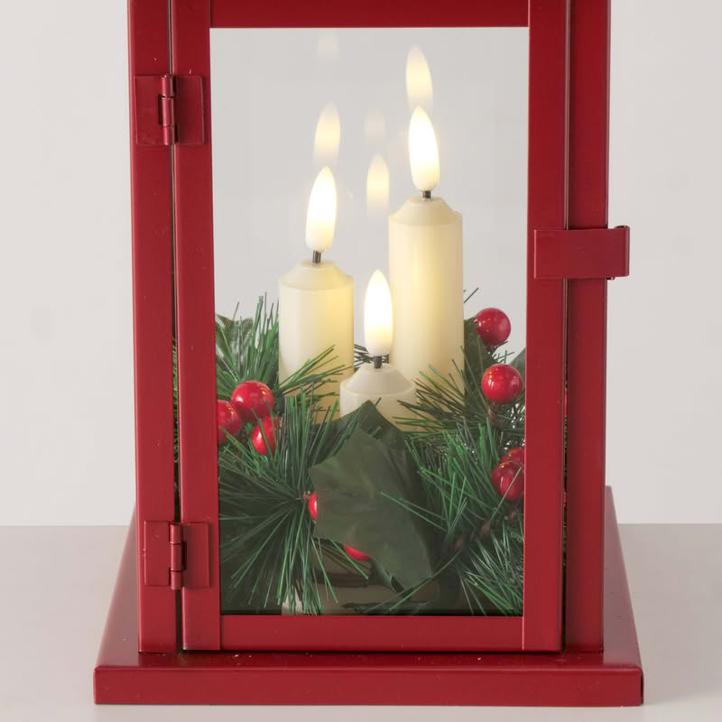 Lanterna di Natale rossa con 3 candele led, agrifoglio e fiocco, perfetta come decorazione completa di Natale