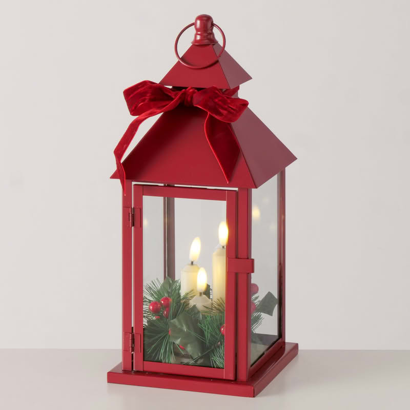Lanterna di Natale rossa con 3 candele led, agrifoglio e fiocco, perfetta come decorazione completa di Natale