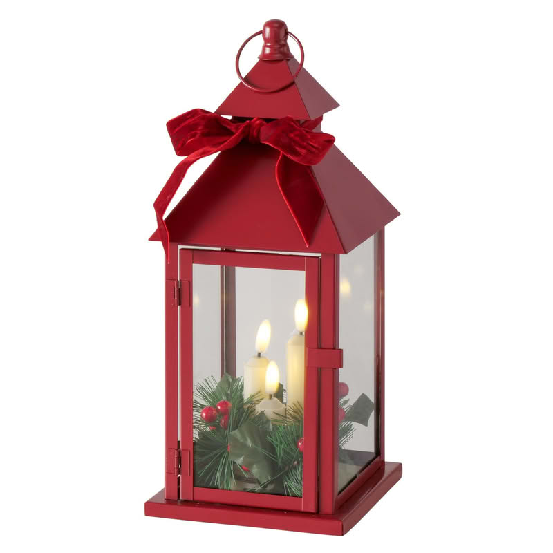 Lanterna di Natale rossa con 3 candele led, agrifoglio e fiocco, perfetta come decorazione completa di Natale
