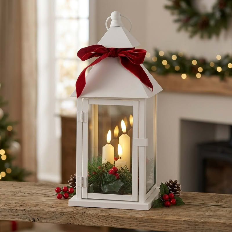 Lanterna di Natale bianca con 3 candele led, agrifoglio e fiocco, perfetta come decorazione completa di Natale