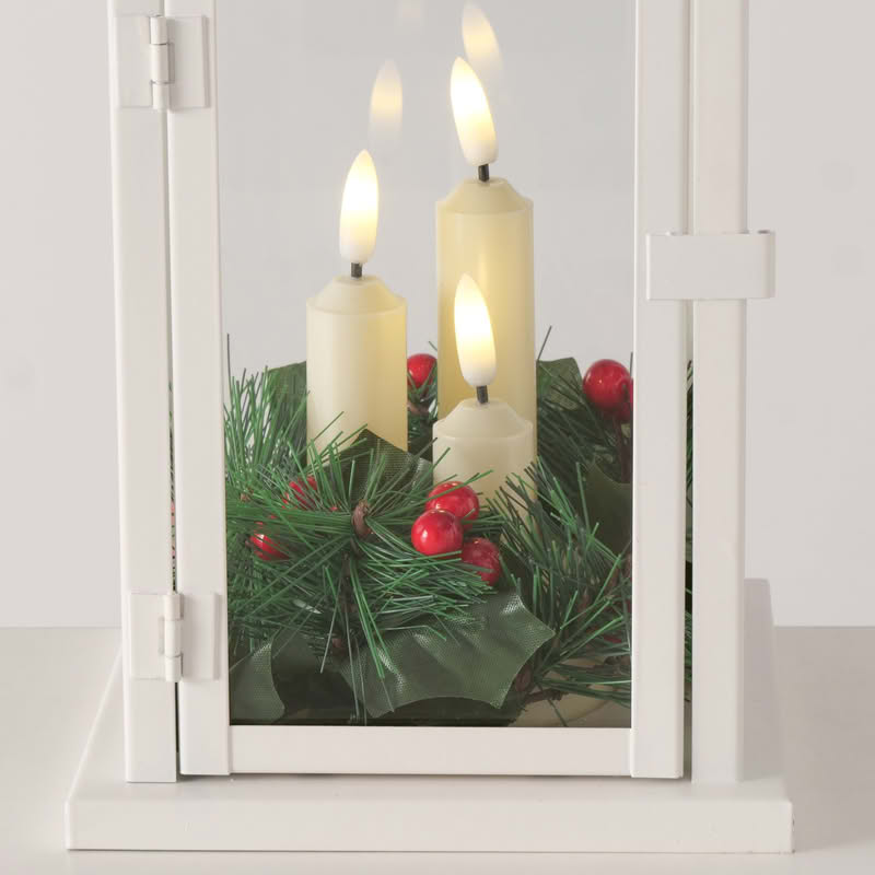 Lanterna di Natale bianca con 3 candele led, agrifoglio e fiocco, perfetta come decorazione completa di Natale