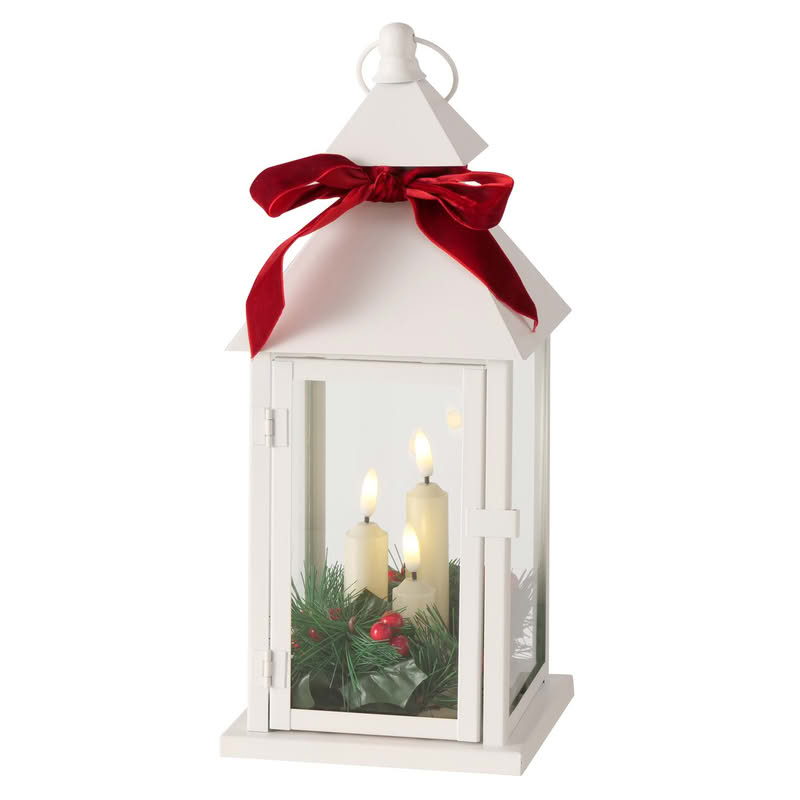 Lanterna di Natale bianca con 3 candele led, agrifoglio e fiocco, perfetta come decorazione completa di Natale