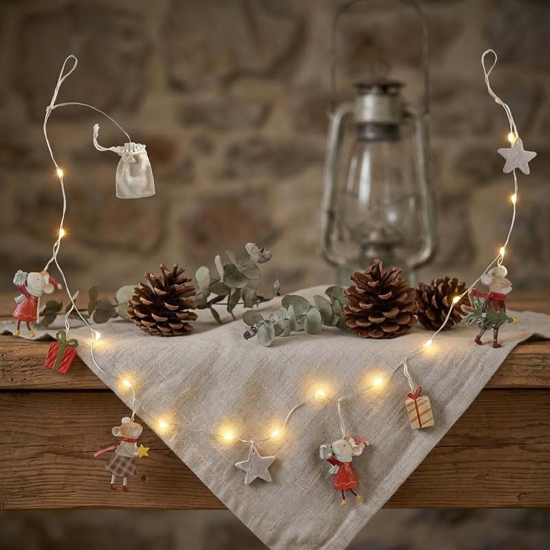 Luci di Natale da 180 cm con figure di topini e pacchi regalo, funzionamento a batteria