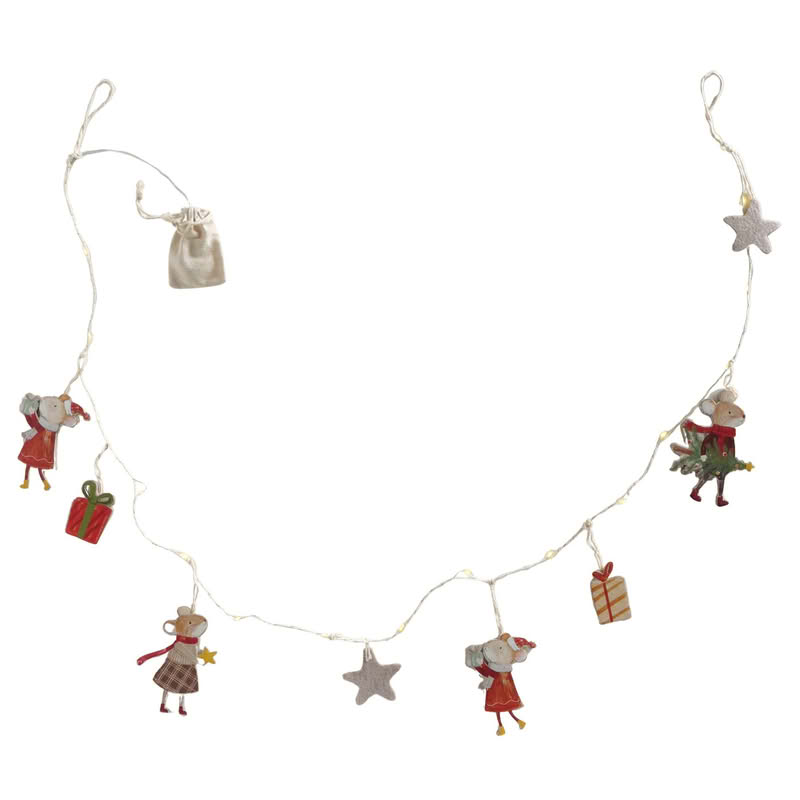 Luci di Natale da 180 cm con figure di topini e pacchi regalo, funzionamento a batteria