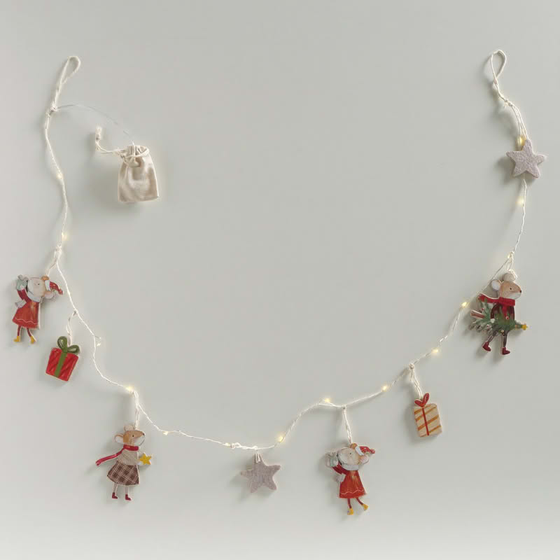 Luci di Natale da 180 cm con figure di topini e pacchi regalo, funzionamento a batteria