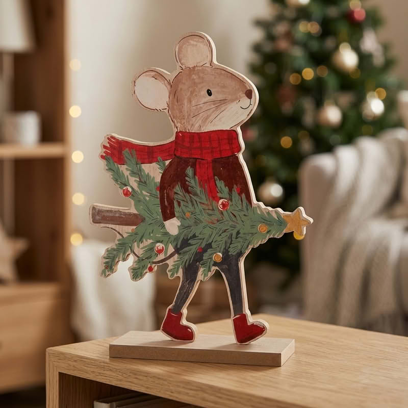 Decoro da appoggio con topo che trasporta un albero di Natale realizzato in legno, perfetto come regalo di Natale