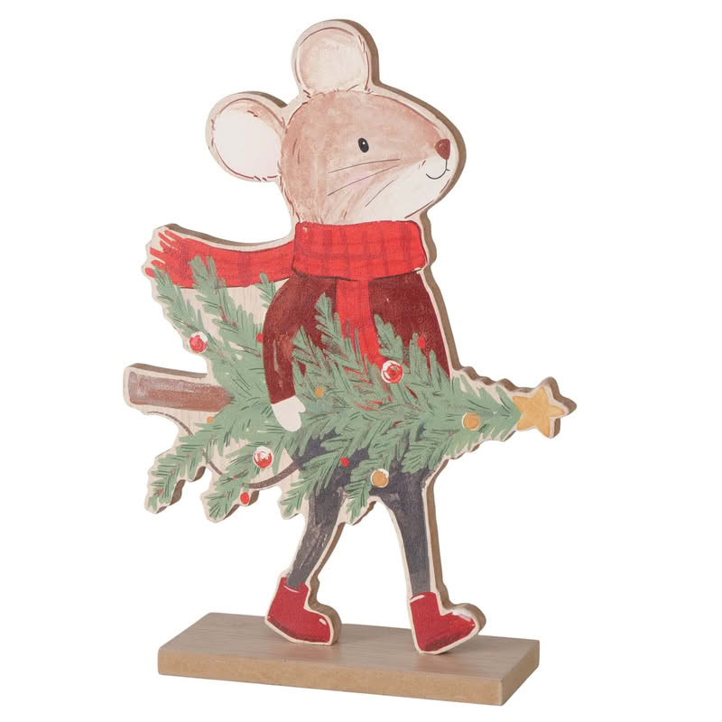 Decoro da appoggio con topo che trasporta un albero di Natale realizzato in legno, perfetto come regalo di Natale