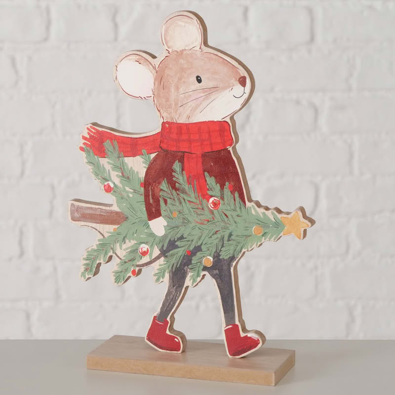 Decoro da appoggio con topo che trasporta un albero di Natale realizzato in legno, perfetto come regalo di Natale