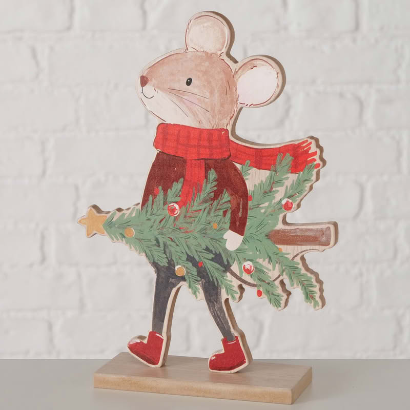 Decoro da appoggio con topo che trasporta un albero di Natale realizzato in legno, perfetto come regalo di Natale